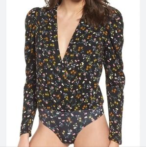 AFRM Black Floral Bodysuit puff sleeve
